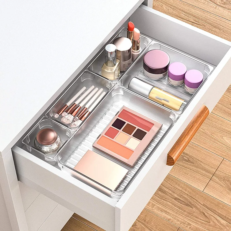 

Set of 14 Desk Drawer Organiser Trays,Clear Vanity Drawer Dividers Makeup Cosmetic Organizers for Bedroom Dresser Office