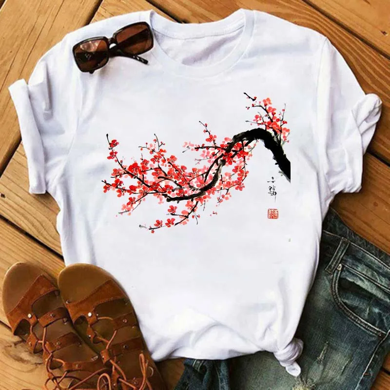 

Summer Kawaii 90s Graphic Woman T Shirt Fashion O-neck Female Tee Camisetas Mujer Tops Maycaur New Flowers Print Women T Shirt