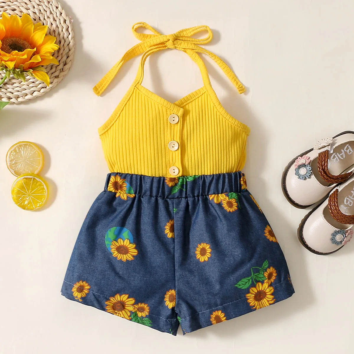 

2021-04-01 Lioraitiin 0-18M Newborn Infant Baby Girl Summer Sunflower Printed Sleeveless 2Styles Fashion Romper Jumpsuit