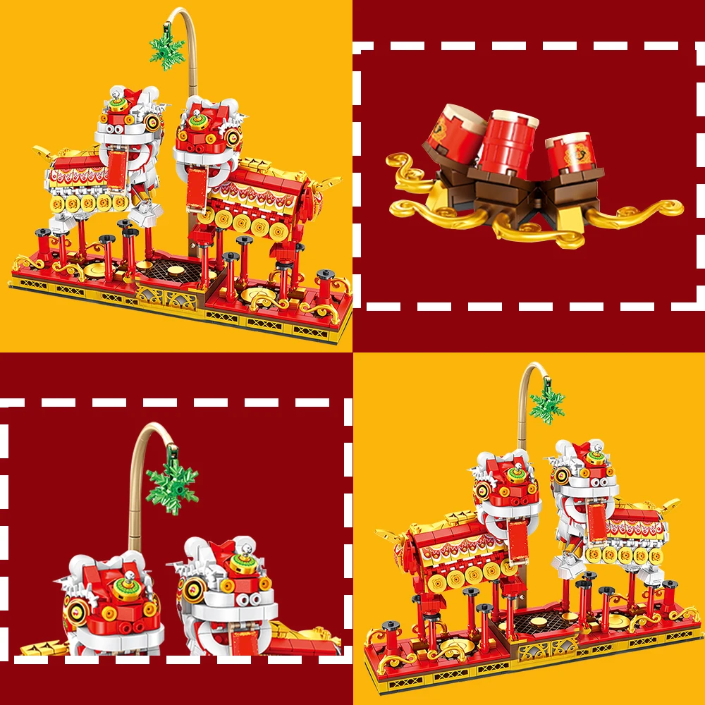 Chinese City Street MOC Compatible DIY New Year Lion Dance Dragon Building Block Creative Brick Toys for Kids | Игрушки и хобби