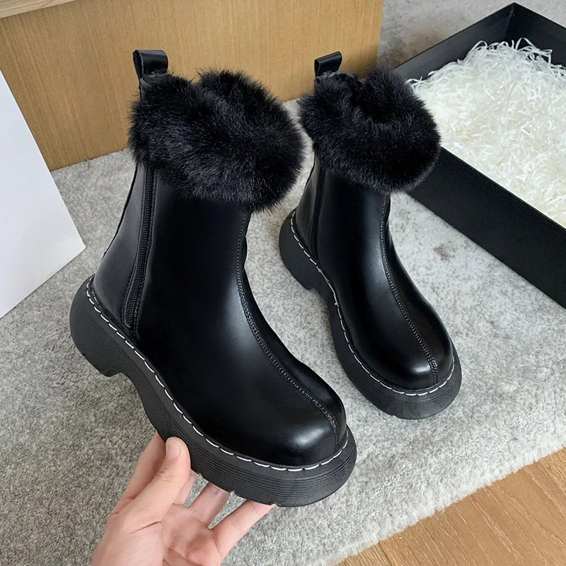 

Women Winter Boots Plush Snow Boots Women PU Black Leather Ankle Boots New 2021 Fashion Boots Waterproof Nonslip Middle Tube