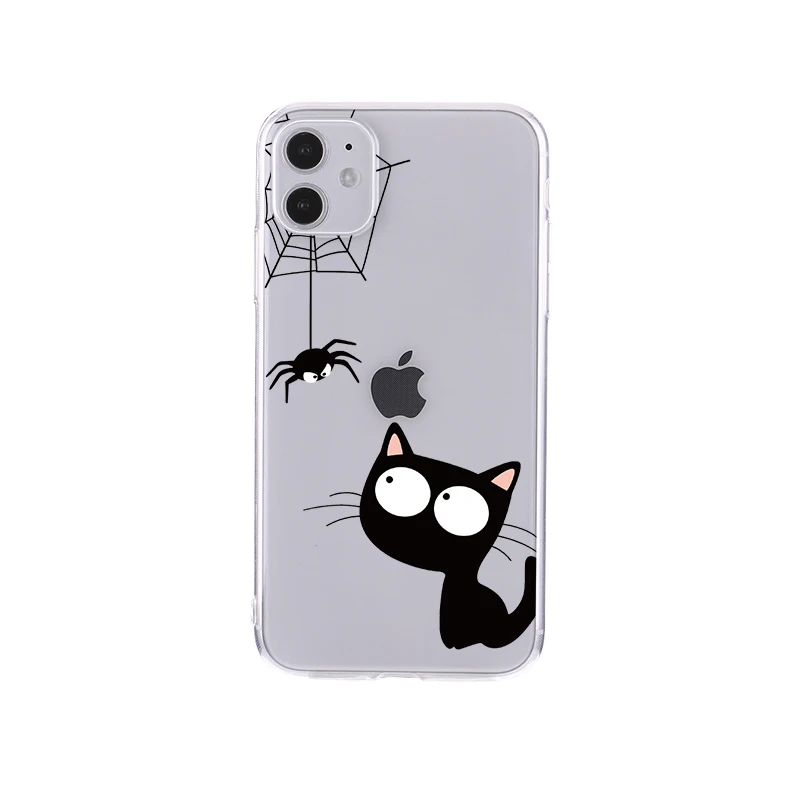 Cute Cartoons Black Cat Transparent Phone Cover For iPhone 14 14ProMax 14Plus 13Promax 13 12 11 Shockproof Clear Phone Case