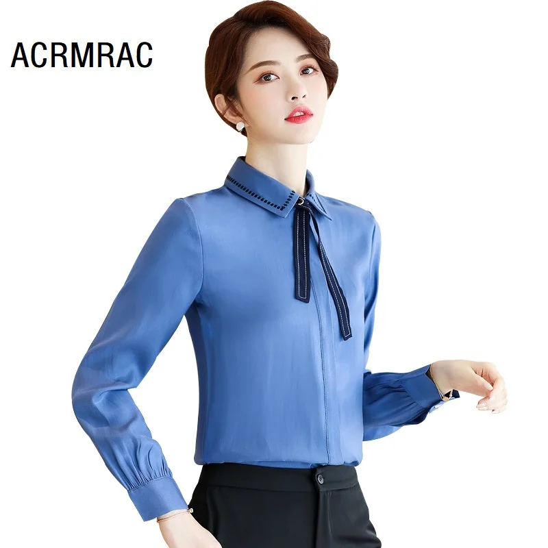 Women shirt Slim autumn embroidery Long sleeve Turn-down Collar OL Formal Business Blouses & Shirts Woman 8001