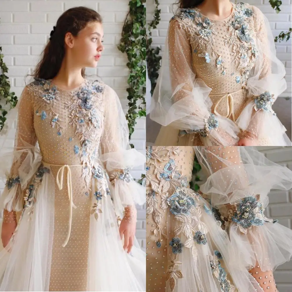 

Long-sleeved beaded round neck A-shaped detachable train wedding dress banquet show prom dress