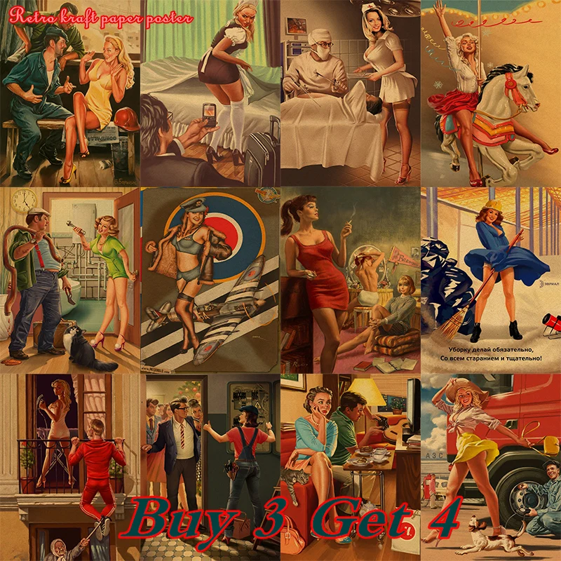 Классический постер из крафт-бумаги времен Второй мировой войны для девочек, привлекательная девушка, декоративная живопись, милитари, бар, кафе, домашний декор комнаты