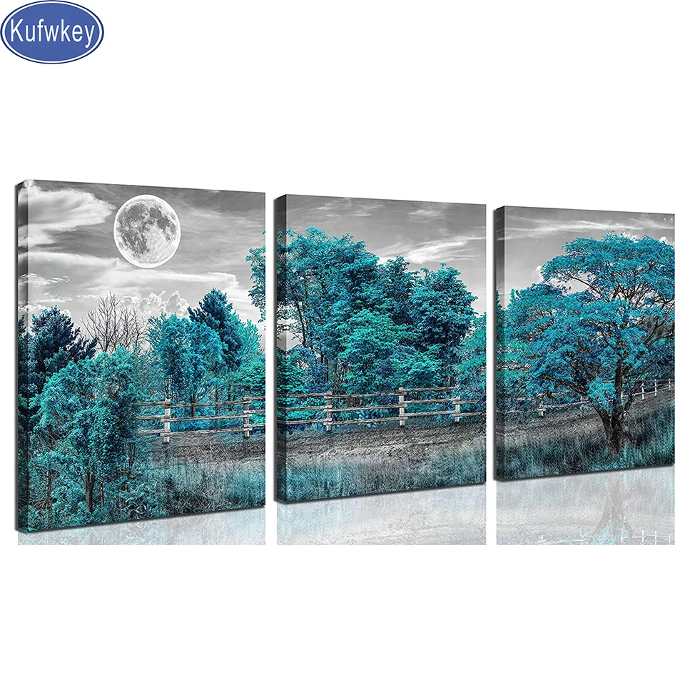 

Diy Diamond Painting Full Square The Fog Blue Forest Triptych Diamond Mosaic Landscape 5D DIY Diamond Embroidery 3 Pcs,