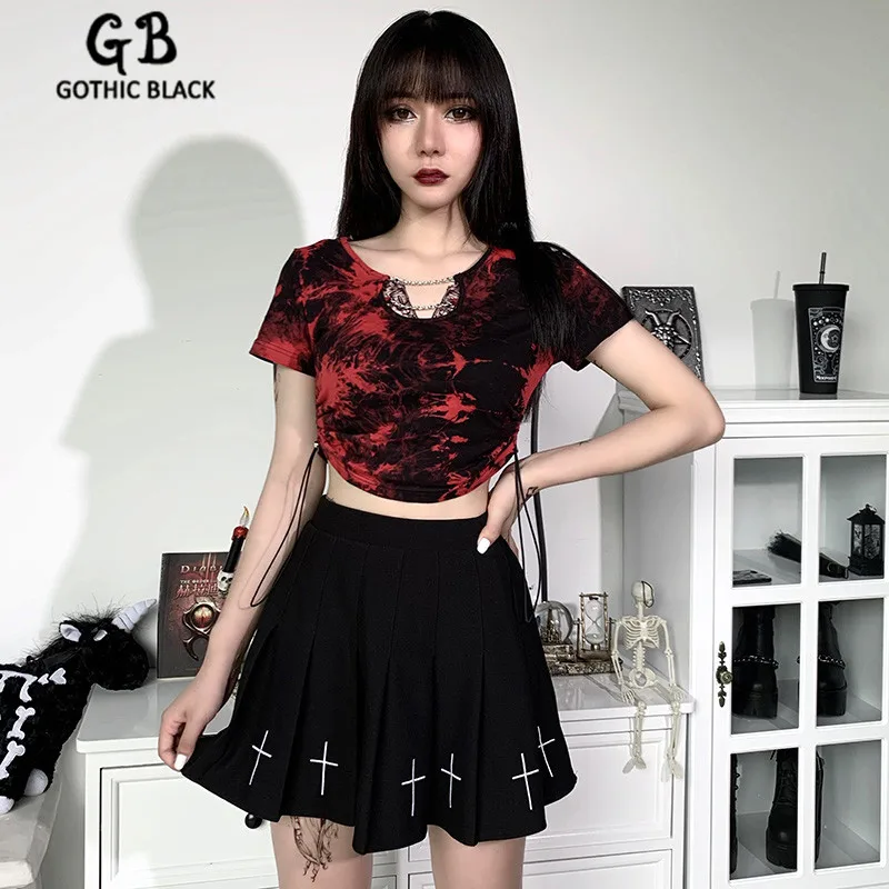

Женский облегающий укороченный топ Gothbalck, Готическая футболка с коротким рукавом, шнуровкой и цепочкой, летний топ 2020