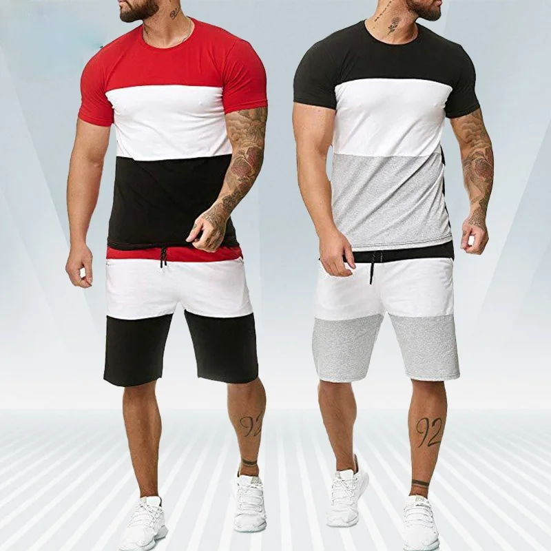 

Men Set Fitness Jogging Short Sleeve Sporting Suits Men T Shirt+Shorts Sport 2 Piece Men's Tracksuit Patchwork Together Set