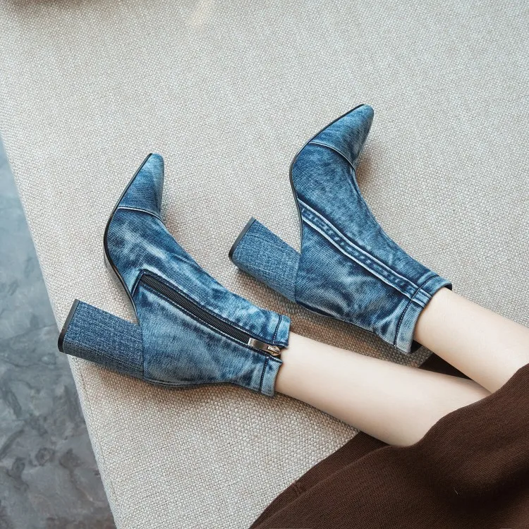 Womens Denim Jeans Over The Knee Thigh& Ankle Boots Stilettos High Heel Pointed Toe Side Zipper Shoes Punk Motorcycle New