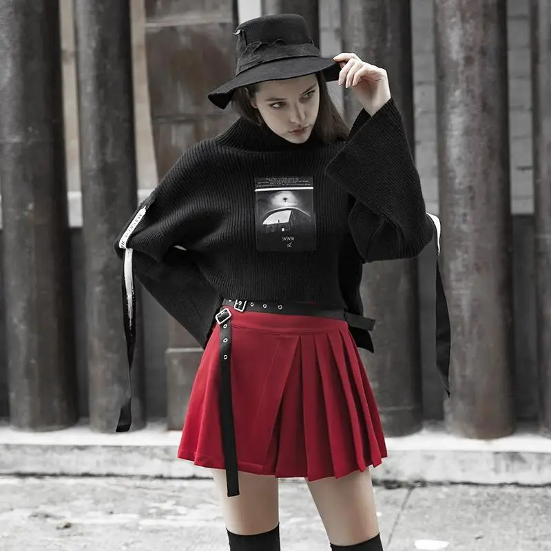 Женские плиссированные мини-юбки с поясом красные в стиле панк PQ-486BQ размеры: S-L |