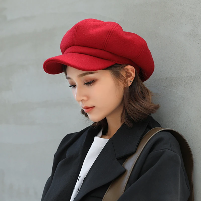 Модный шерстяной однотонный берет для женщин осенне-зимняя восьмиугольная кепка