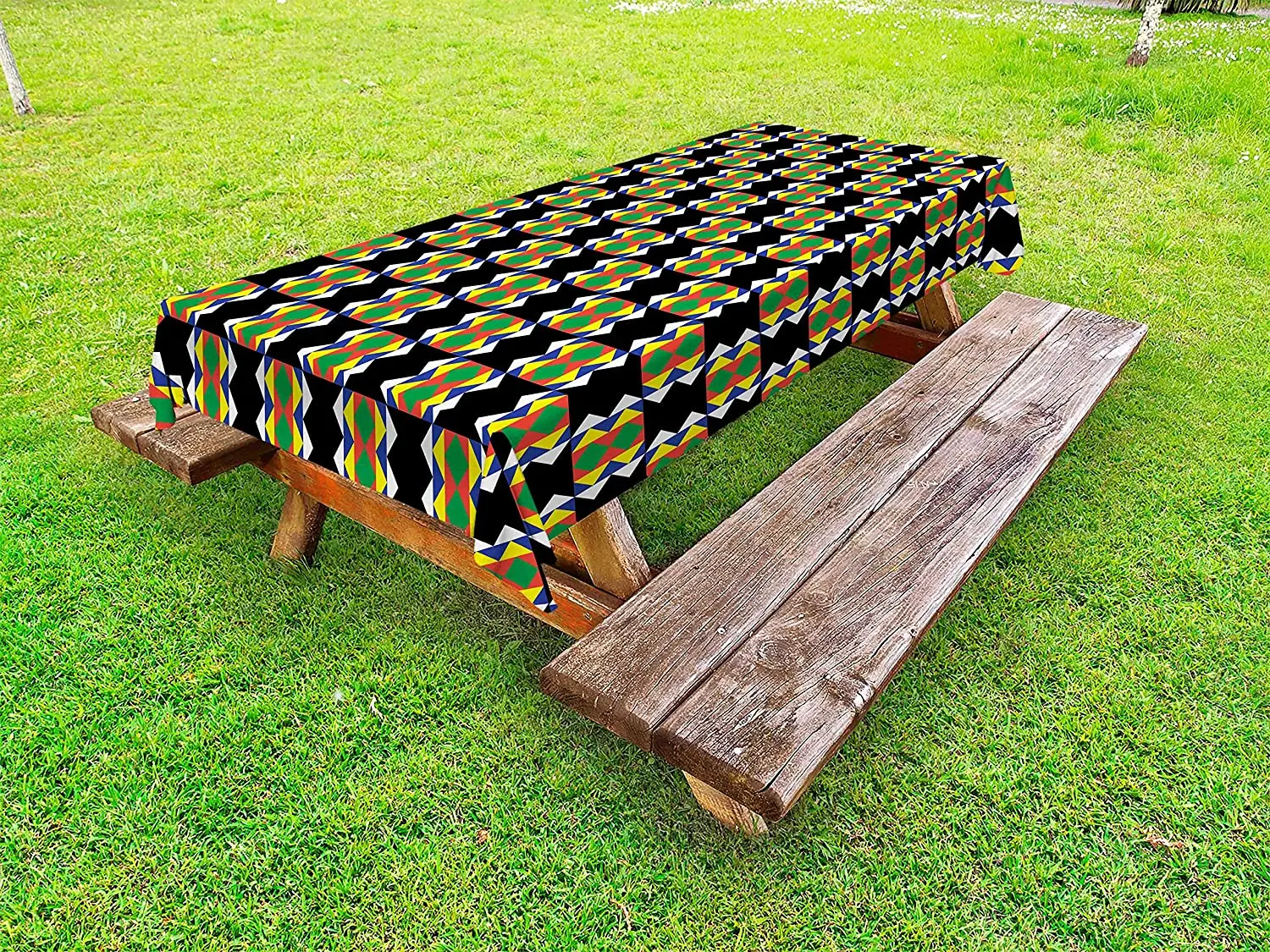 

Kente Pattern Outdoor Tablecloth, Traditional Style Design with Triangular Details Funky Pattern Print