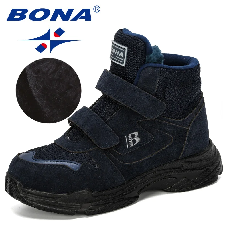 Deep blue S gray BONA/Новинка года; дизайнерская зимняя обувь; Детские кожаные модные кроссовки для мальчиков; ботильоны; плюшевые теплые детские ботинки; Уличная обувь - Цвет: Deep blue S gray
