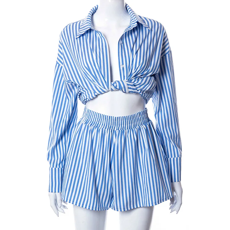 2021 Runway Fashion Blue Striped Shorts Sets Women Summer Outfits Casual Loose Long Sleeve Shirts And Short Pant Suit Female |