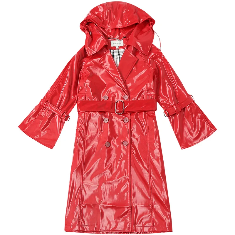 Женский Длинный Тренч из искусственной кожи однотонный с капюшоном и