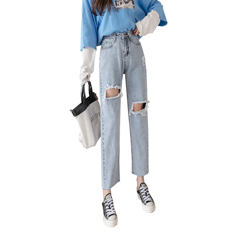 

High Waist Ripped Jeans for Women Summer 2021 New Korean Style Versatile Loose Dad Jeans Slimming Cropped Harem Pants