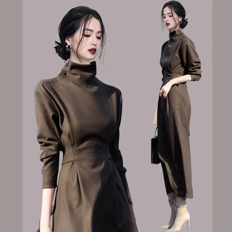 

Adult Lady like Woman Style Slimming Intellectual High-End Temperament Long Sleeve Waist-Tight Turtleneck Dress Autumn and