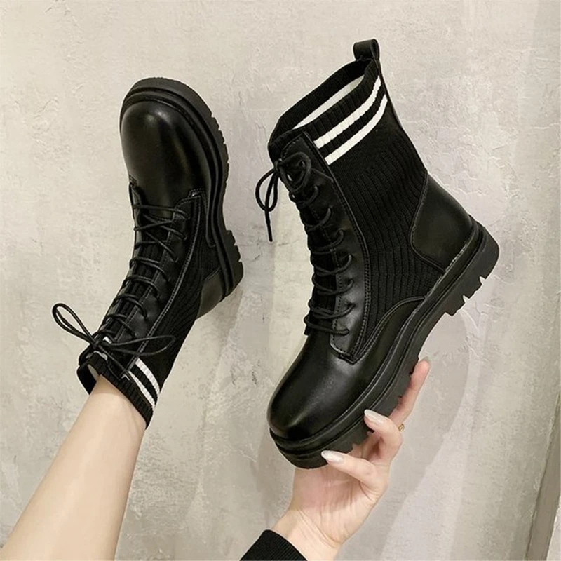 

Women's Boots Low-Heeled Round Toe Square Heel Lace-Up Martin Boots Spring New Knitting Short Boots Tooling Boots Women Shoes