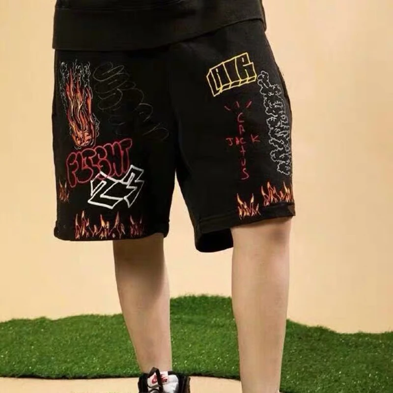 

Catcus Jack Graffiti Streetwear Casual Shorts Mens Drawstring Straight Streetwear Terry Loose Knee Length Pants Oversize