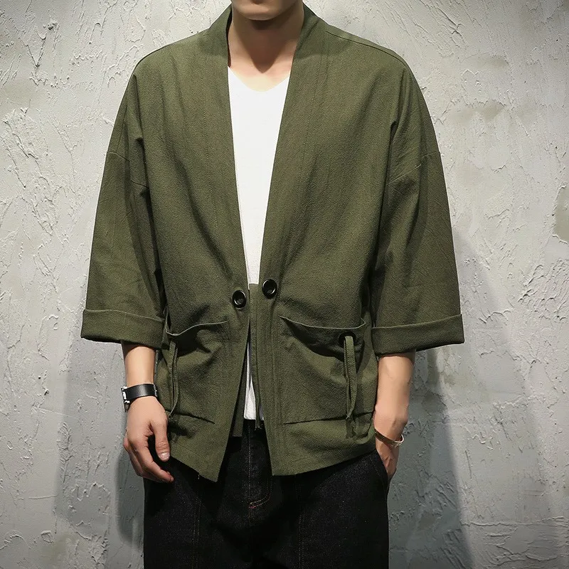 

Кимоно мужское однотонное в японском стиле, юката, пиджак с рукавом три четверти, Пляжная уличная одежда, большие размеры, лето