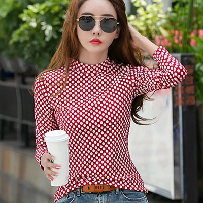 Red Polka Dot Shintimes Красная футболка в горошек женская одежда осень водолазка, футболка с длинными рукавами для женщин повседневные футболки Femme - Цвет: Red Polka Dot