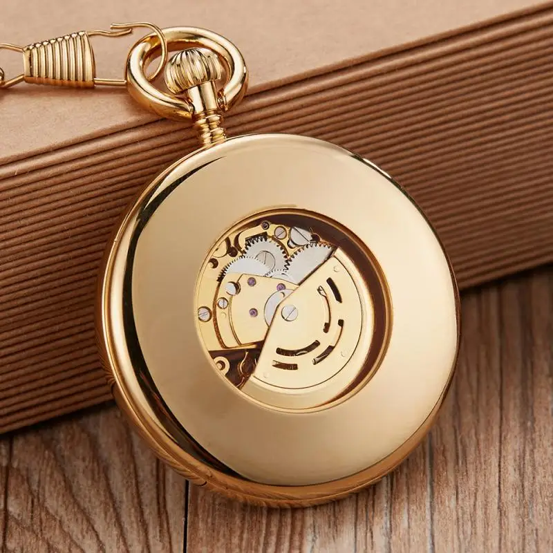 Luxury Gold Automatic Mechanical Pocket Watch Retro Copper Watches Roman Numerals Fob Chain Pendants Unisex reloj de bolsillo