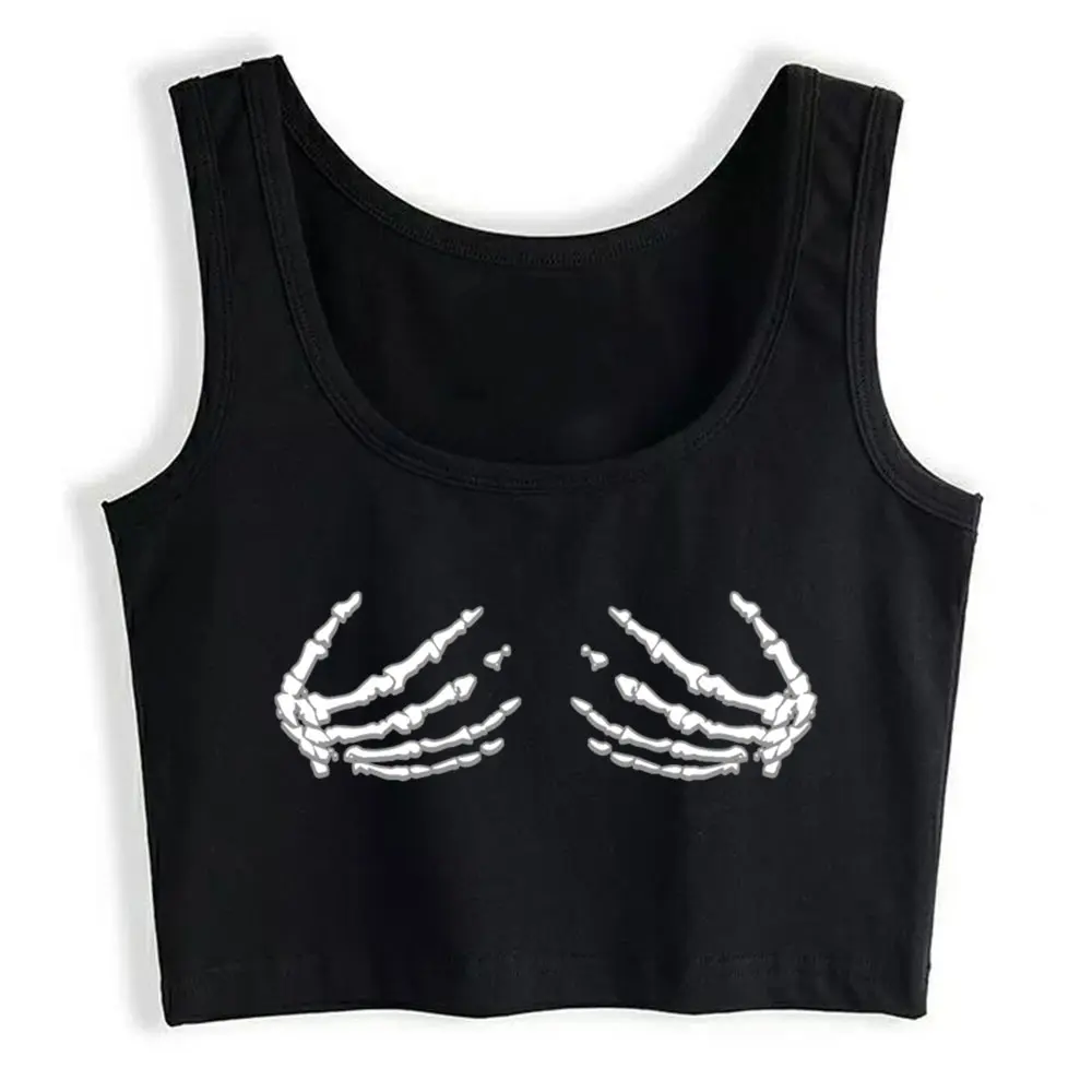 

Crop Top Sport Skeleton Hands Boobs Breast Halloween Casual Black Sleeveless Tops Women