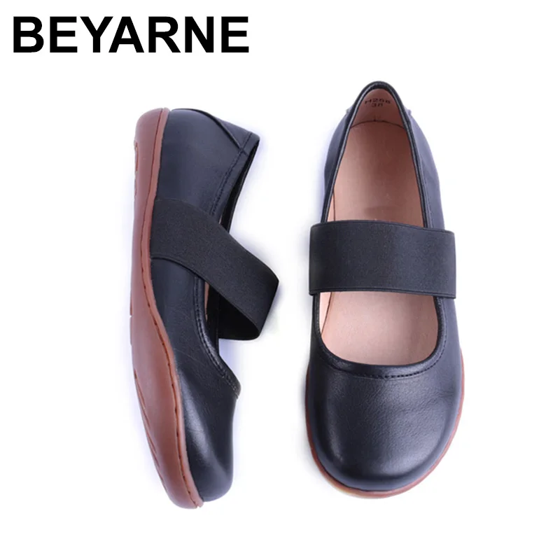 

BEYARNEWomen Shoes Plus Size Elastic Band Slip On Ballerina Shoes 100% Genuine Leather Flat Shoes Women Ballerinas