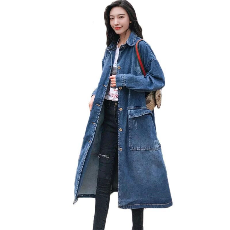 

2020 New Women Spring Autumn Long Denim Trench Coat Casual Oversized Single Breasted Retro Washed Cowboy Loose Outerwear Female