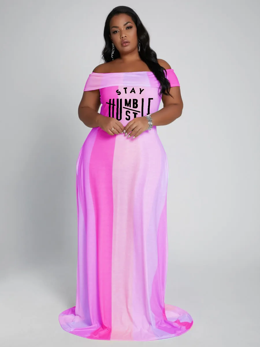 ChocoMisty-LadyPlus Plus-size Dresses Off Shoulder Letter Print Color Block Maxi Dress H3707