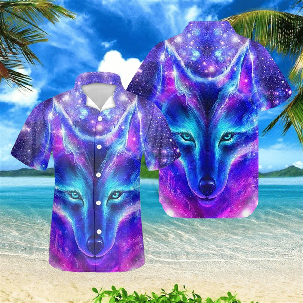 

Galaxy/Starry Sky Wolf Pattern Cuban Camp Collar Hawaiian Shirts for Men Short Sleeve Button Down Tops Blouses Chemise