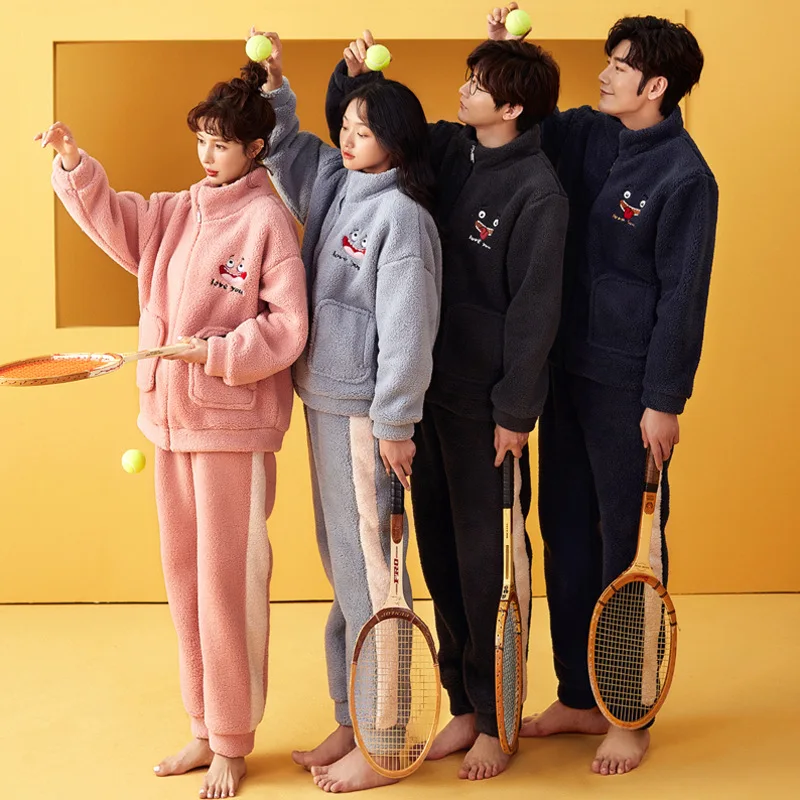 

Новинка зимняя Пижама для пары с длинным рукавом женский фланелевый комплект из двух предметов Домашняя одежда мужская Свободная Повседне...