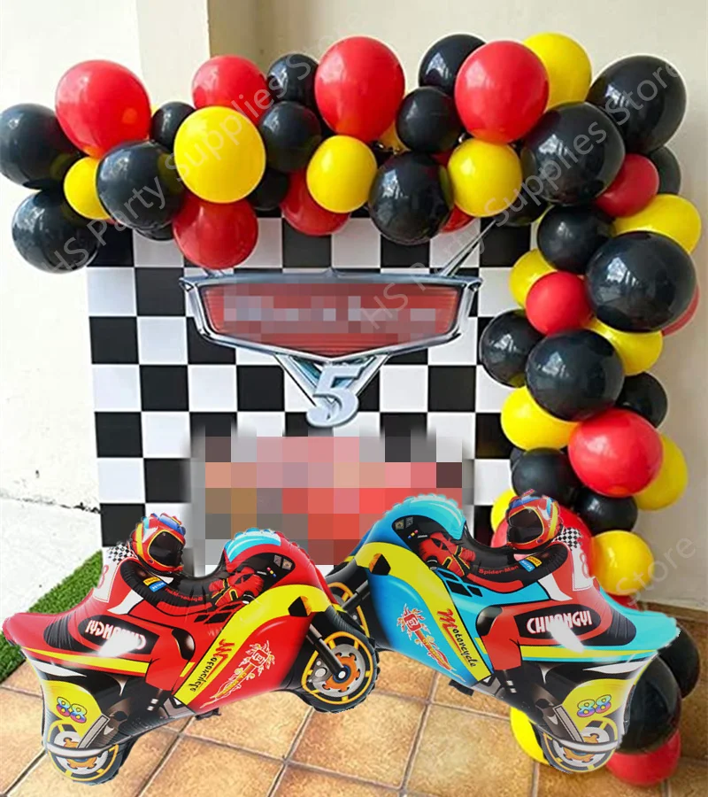 

Red black yellow latex balloon motorcycle aluminum foil balloon arch DIY garland racing theme kids birthday party decorati