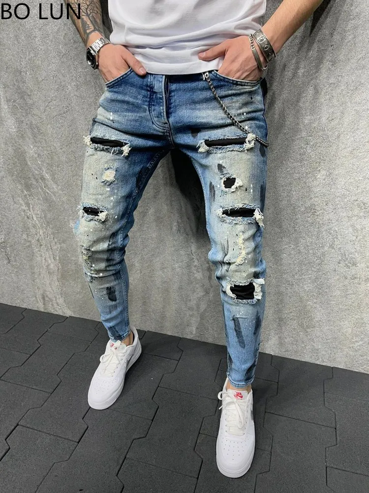 

Jeans Men Paint Ripped Jeans Sweatpants Sexy Hole Pants Casual Male Skinny Trousers Slim Biker Outwears Pants European Size