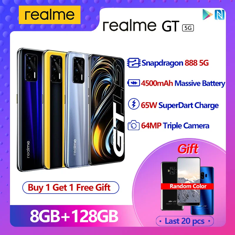 

realme GT 5G Smartphone 64MP Camera Snapdragon 888 120Hz 6.43" AMOLED 65W Super Dart Charge 8GB 128GB NFC 4500mAh Battery