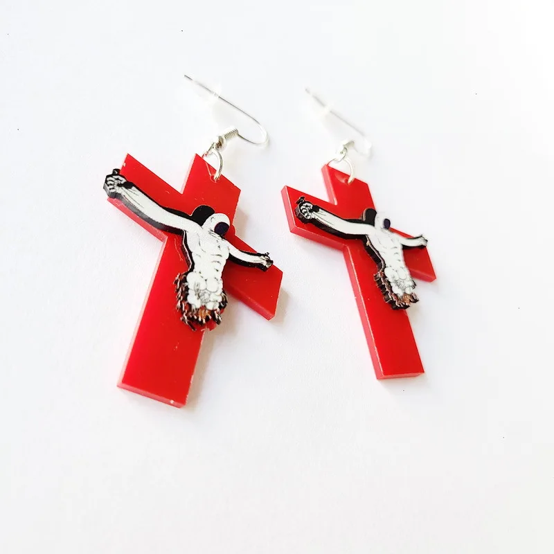 Oversized Red Cross Jesus Acrylic Punk Dangle Earrings for Women Men Night Club Party Jewelry image 2