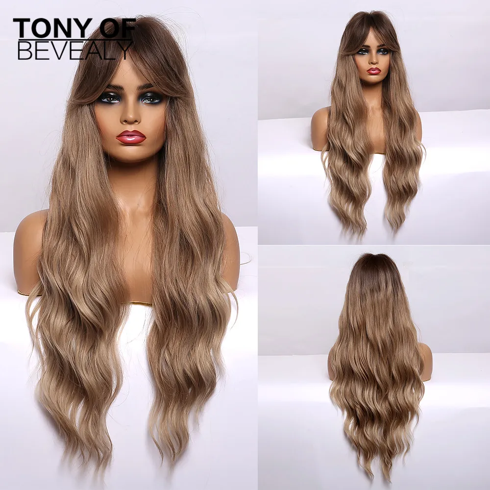 Длинные волнистые коричневые парики с челкой термостойкие синтетические для