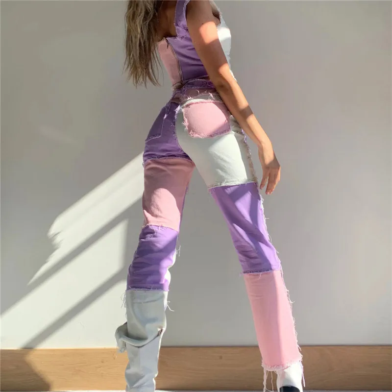 

patchwork jeans 2021 Women High Waist street wear hip hop Straight trousers patchwork design button fly casual female Pants