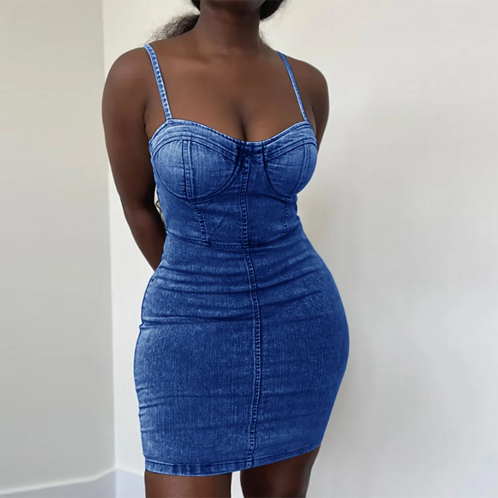 Женское сексуальное однотонное облегающее мини платье из джинсовой ткани на