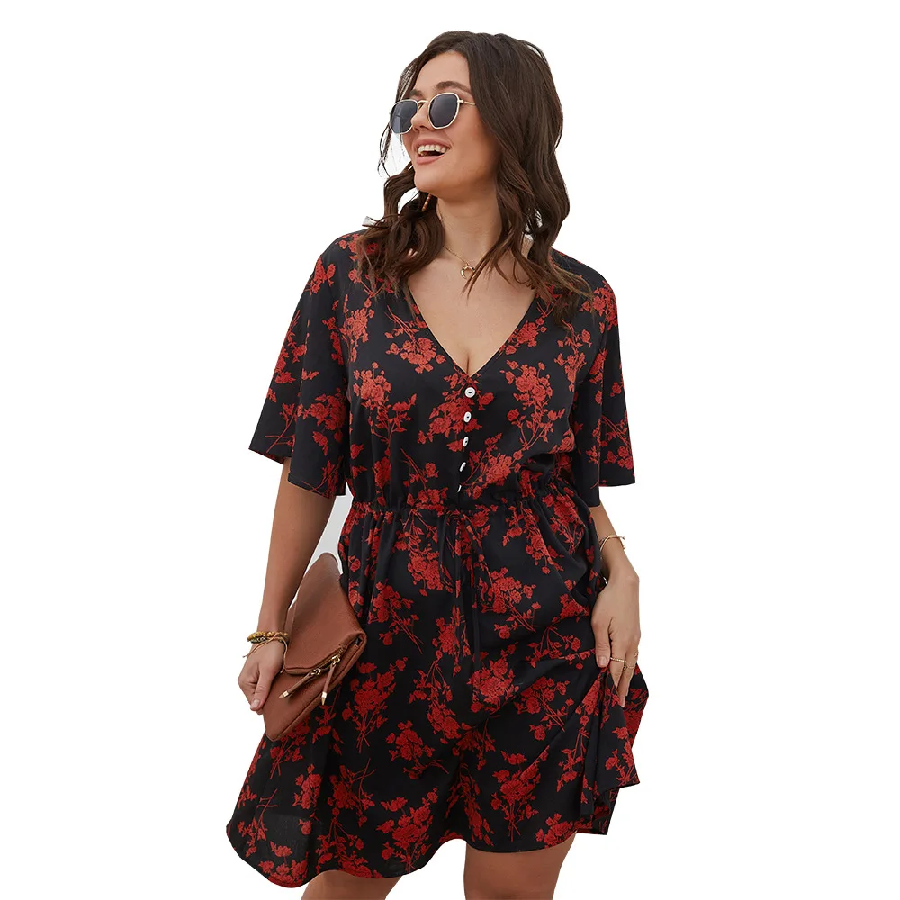 

2021 summer loose V-neck print dress European and American fashion large women's versatile elastic waist skirt