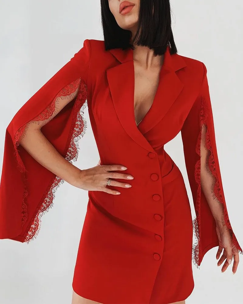 

Dress Suits Clothing Women's Office 2021 New Women Eyelash Lace Cape Sleeve Single Button Casual Suit Dresses Ladies