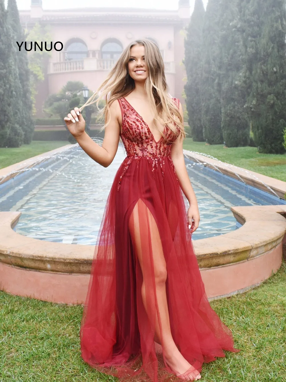 YUNUO сексуальные красные вечерние платья для выпускного вечера длинная юбка из
