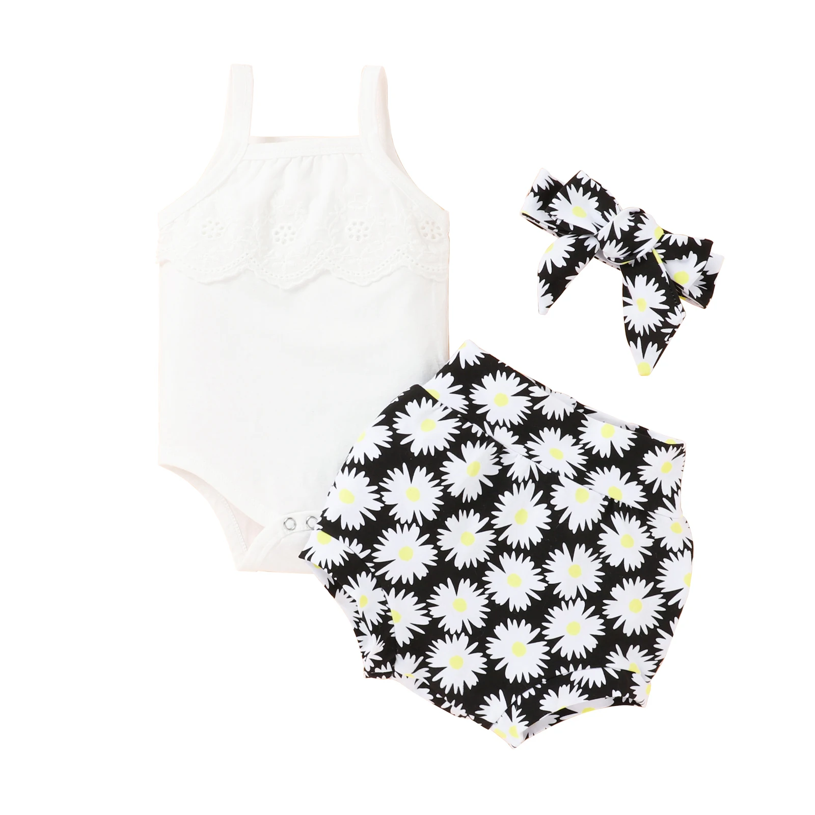 

0-24M Baby Camisole Romper + Shorts + Bow Headband, Daisy Print Sweet Style Summer Clothing