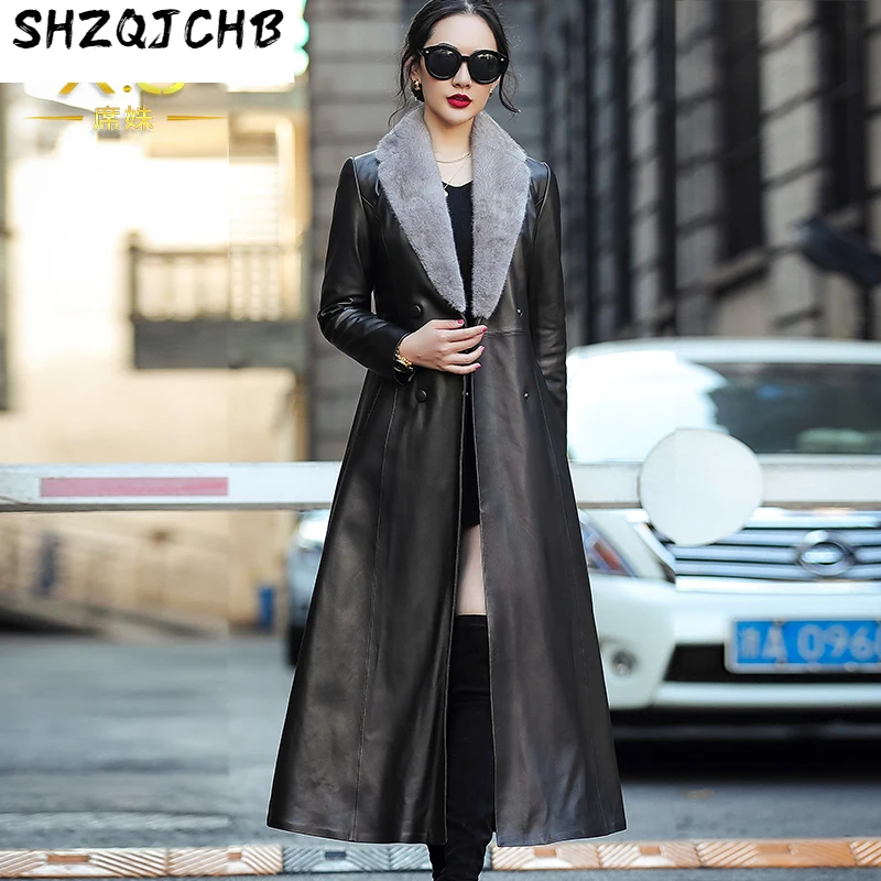 

SHZQ норковый меховой воротник кожаный пуховик женский удлиненный 2021 зимнее новое пальто из овчины