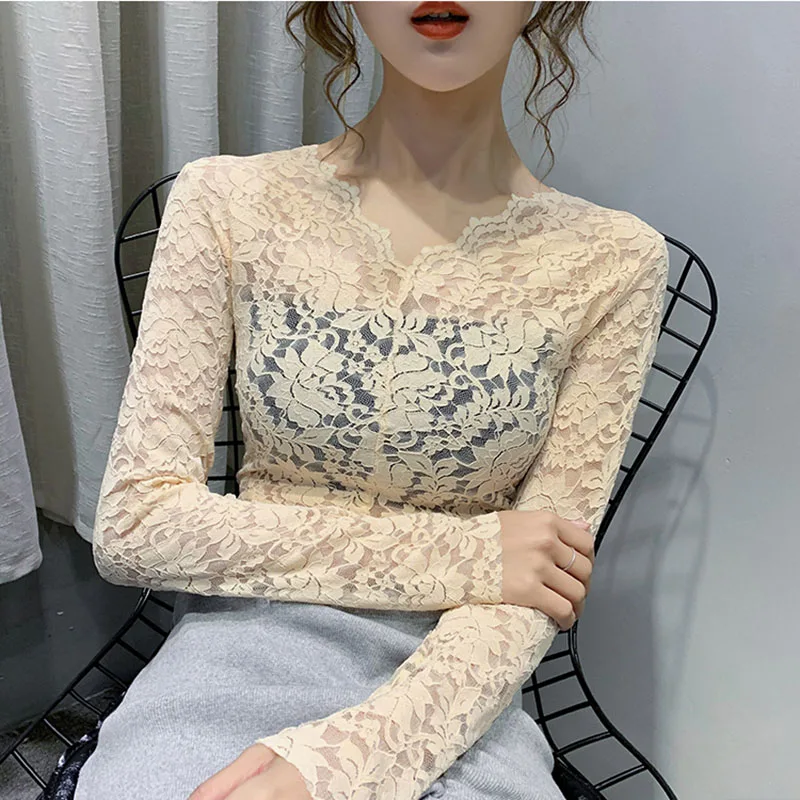 New V-Neck White Shirt Women Casual Long Sleeve Lace Blouse 2020 Hollow Out Autumn Tops Korean Style Clothes Womens Shirts | Женская