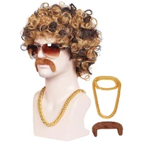 fgywigs mens short curly hair wig honey golden brown 70s high end disco cosplay halloween costume party wig chain and mustache