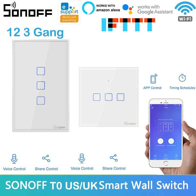 

Умный настенный сенсорный выключатель SONOFF T0 TX, США/Великобритания, Wi-Fi, 1/2/3 клавиш, панель для умного дома, приложение/голосовой/сенсорный пу...