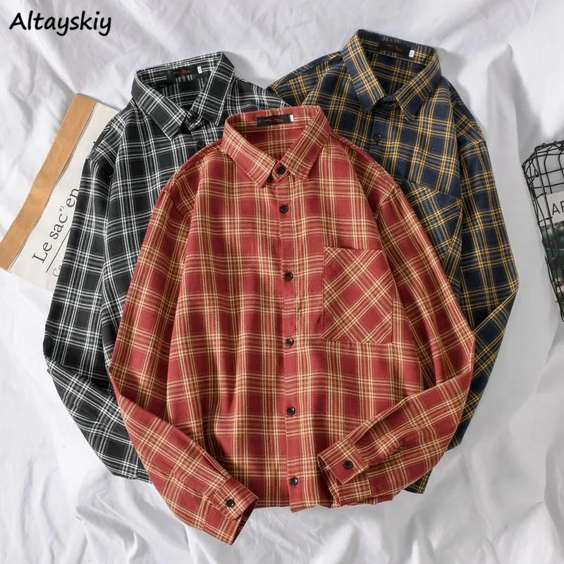 Plaid Shirts Women Basic Spring Autumn Korean Style Chic All-match Leisure Loose Pockets Ulzzang BF Unisex Female Top Popular