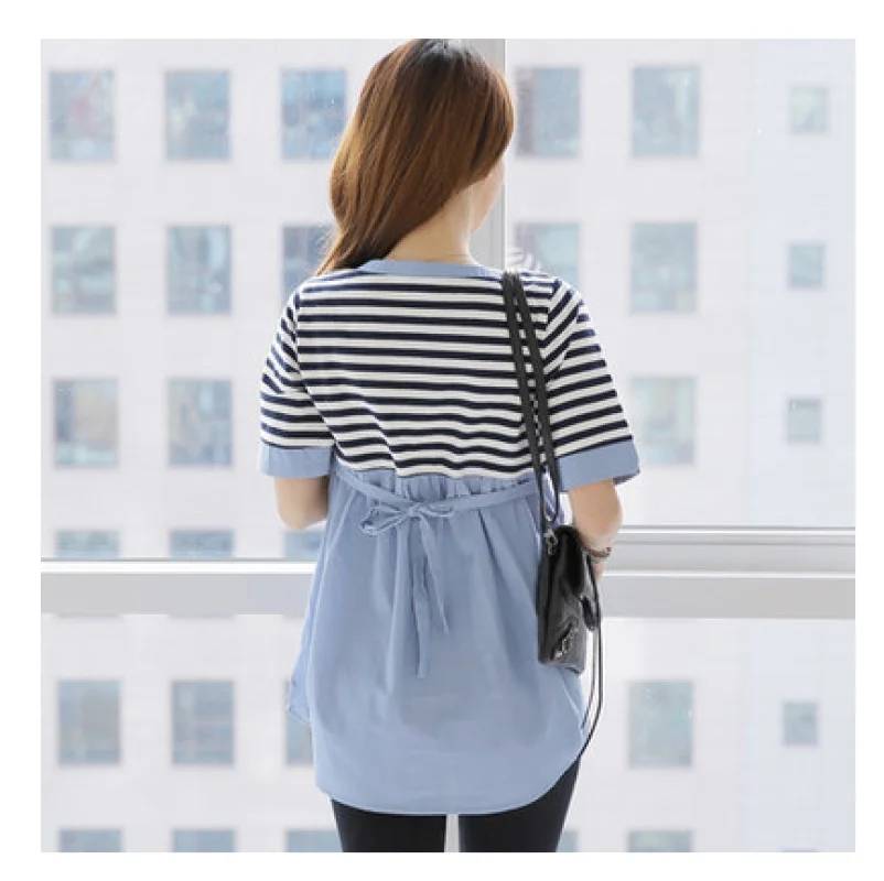 

8178# Summer Thin Strip Patchwork Maternity Nursing Blouses Ties Waist Slim Breastfeeding Shirt for Pregnant Women Pregnancy Top