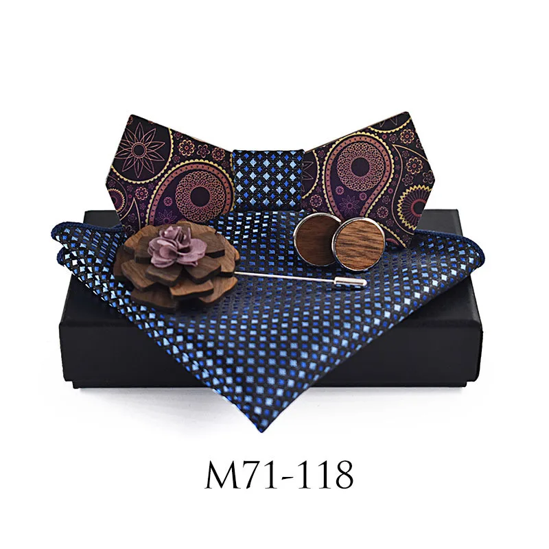 

Linbaiway Men's Wooden Bow Tie Set for Mens Wood Bowtie Handkerchief Brooch Cufflinks Set for Men Wedding with Box Gifts for Men